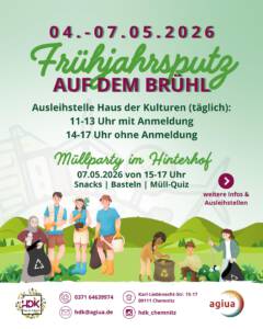 Bunte Veranstaltungsankündigung mit dem Titel 'Frühjahrsputz auf dem Brühl' und den Daten 04.–07.05.2026. Im oberen Bereich steht der Titel in großen, geschwungenen Buchstaben, darunter Informationen zu Ausleihzeiten und -ort. Im unteren Bereich sind mehrere gezeichnete Personen mit Müllsäcken, Greifzangen und Eimern dargestellt, die gemeinsam Müll sammeln. Rechts unten befindet sich ein lila Kreis mit dem Hinweis auf weitere Informationen. Am unteren Rand stehen Kontaktinformationen und Logos der Veranstalter. [erstellt mit KI]